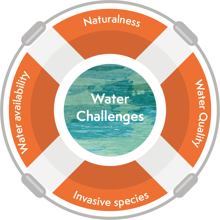 Central ThemeWater ChallengesSurrounding Sections (Clockwise from top)Naturalness"Water systems are dynamic and if they are stopped from changing, wetland habitats will be restricted and cut off."Water Quality"Pollution sources include sewage, road run off and agriculture."Invasive species"Can spread quickly edging out or predating on native species."Water availability"Over abstraction and saline intrusion impact the amount of water available."