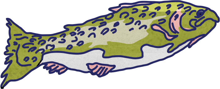 Cartoon green fish with blue spots and pink fins.