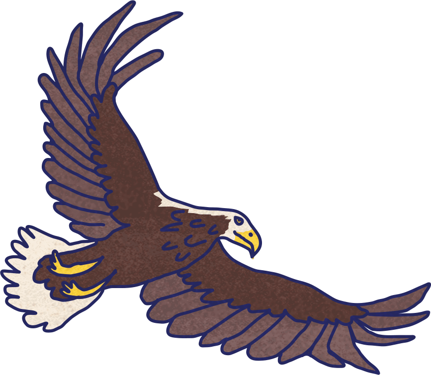 A cartoon-style brown and white eagle in flight.
