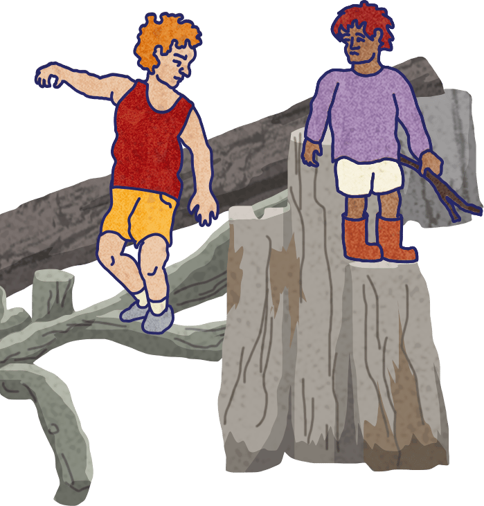 Two boys playing outdoors. One balances on a log, the other stands on a tree stump.