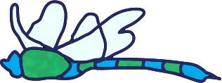 Stylized blue and green dragonfly with light blue wings.