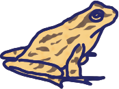 Brown cartoon frog with dark stripes.