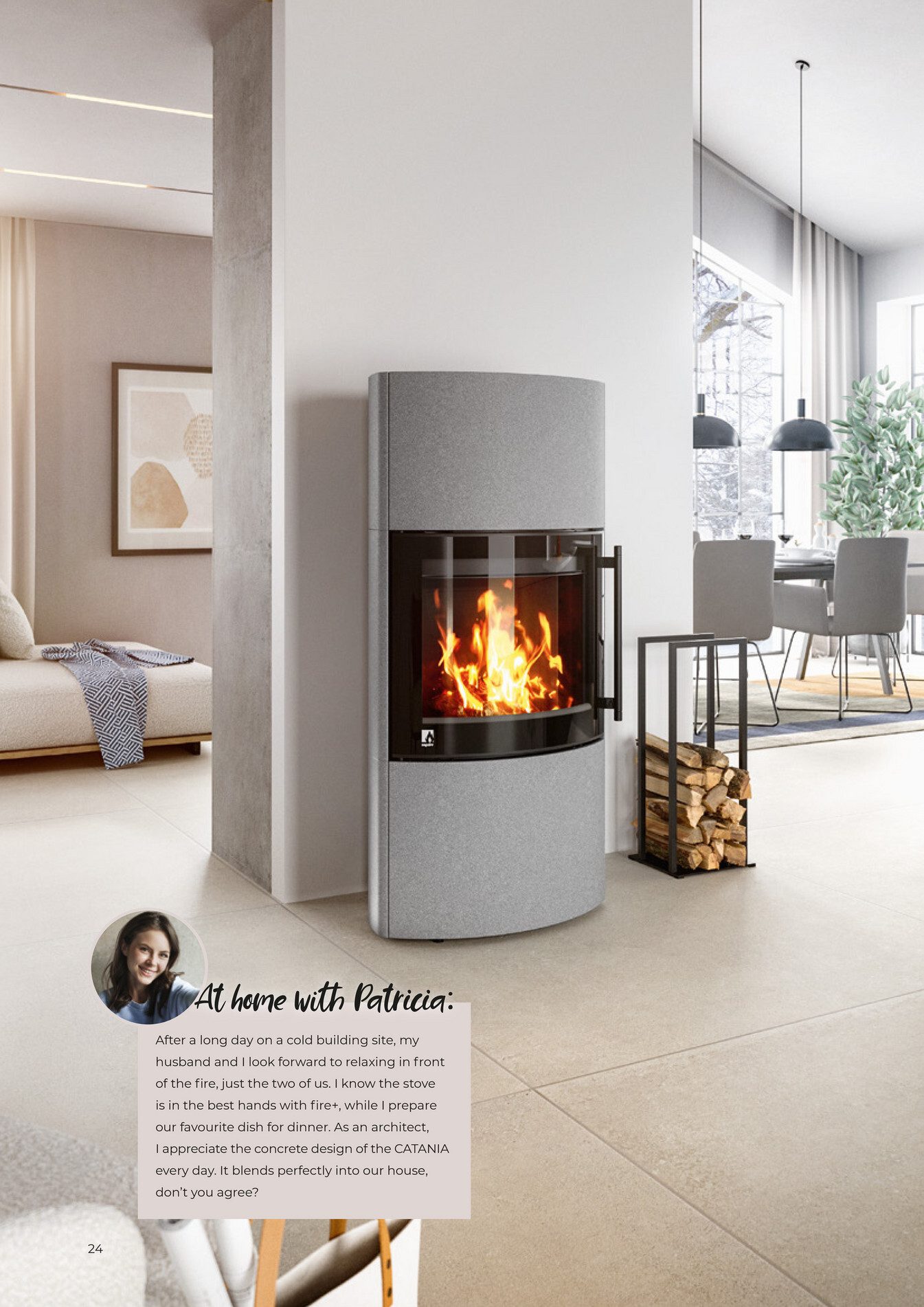 Modern interior with a sleek grey wood stove, crackling fire, log holder, sofa, and dining room.