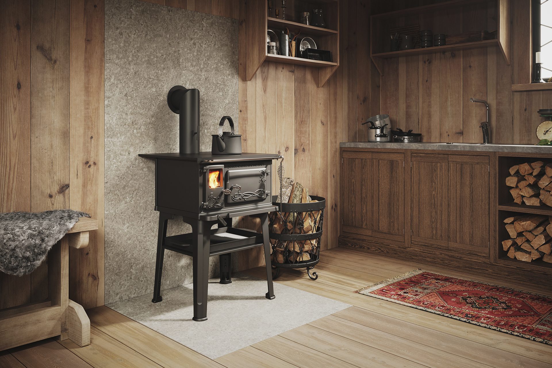 Cozy rustic cabin kitchen with a lit wood-burning stove, wood walls, and a stack of firewood.