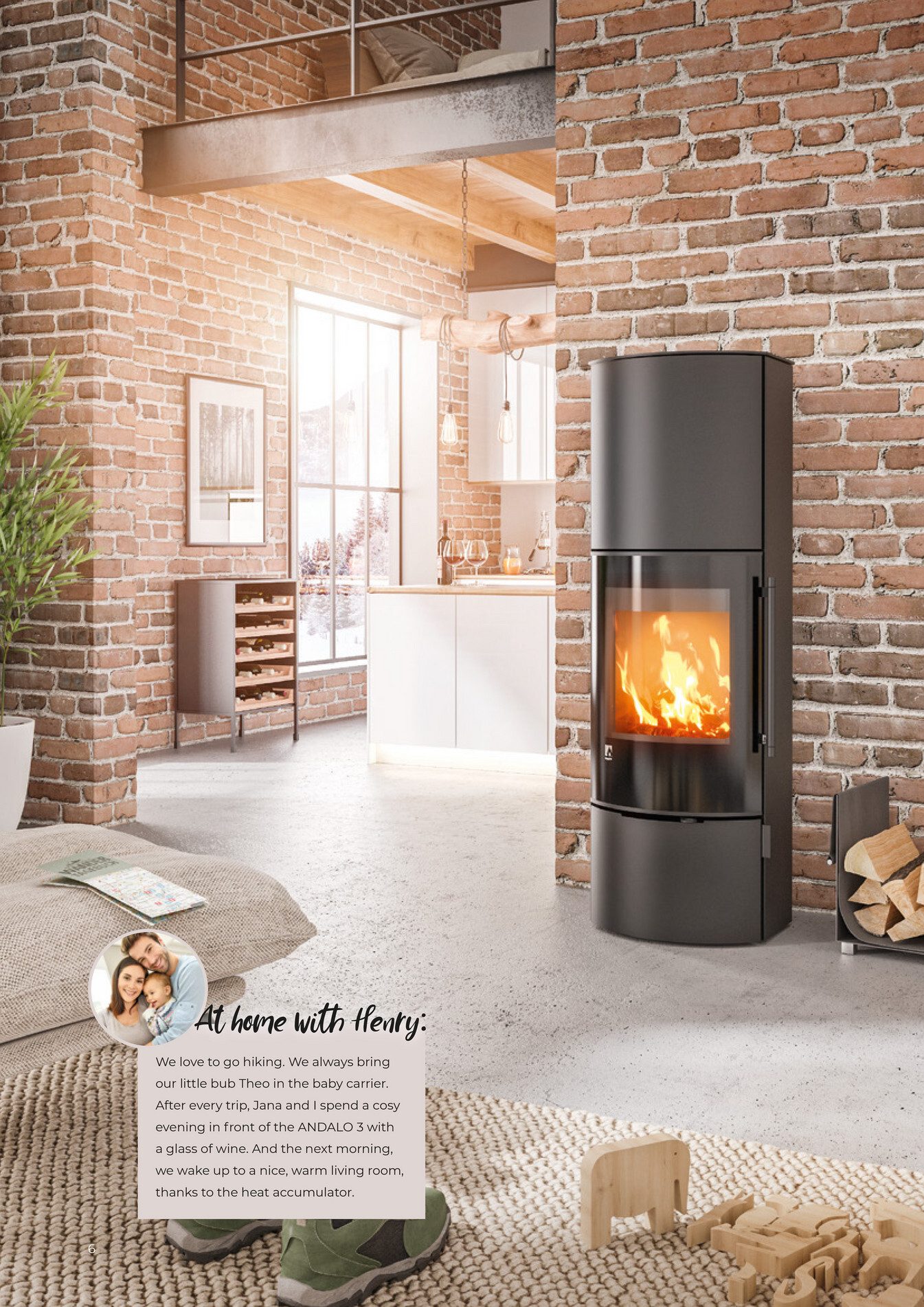 Modern loft living room with brick walls, a black wood stove, kitchen, and a family story text.