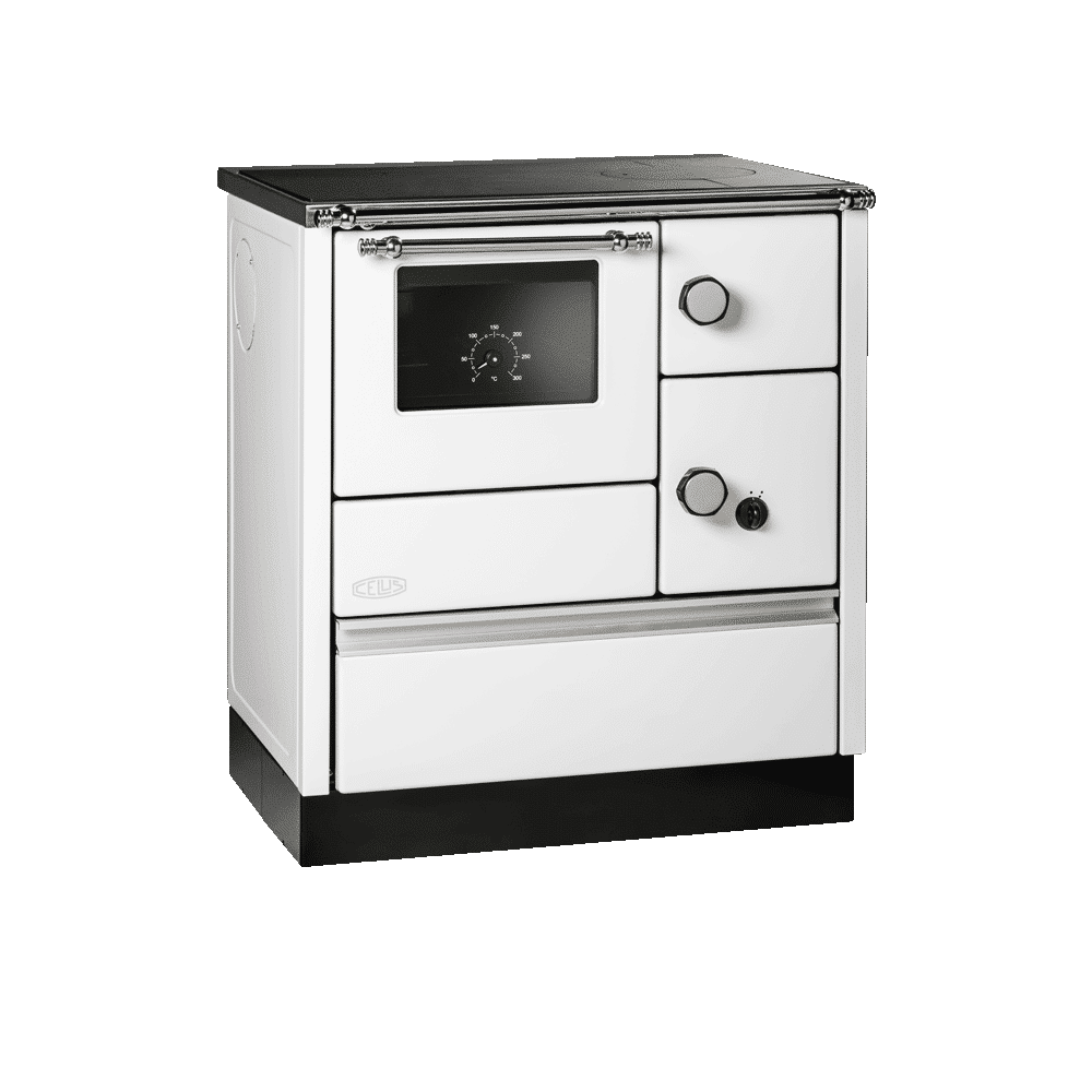 White wood-burning stove with black cooktop, oven, and control knobs.