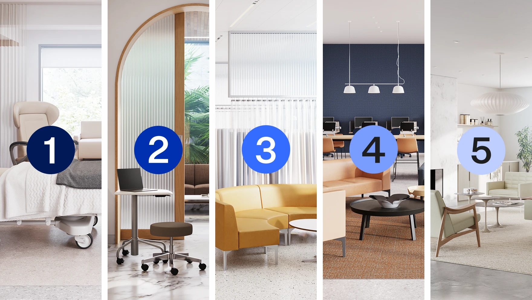 Five modern interior scenes: hospital room, office nook, lounge, open office, and waiting area.