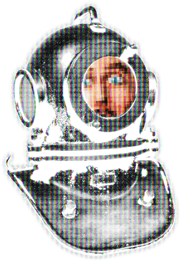 High-contrast diving helmet with a pixelated face, showing an RGB subpixel display effect.