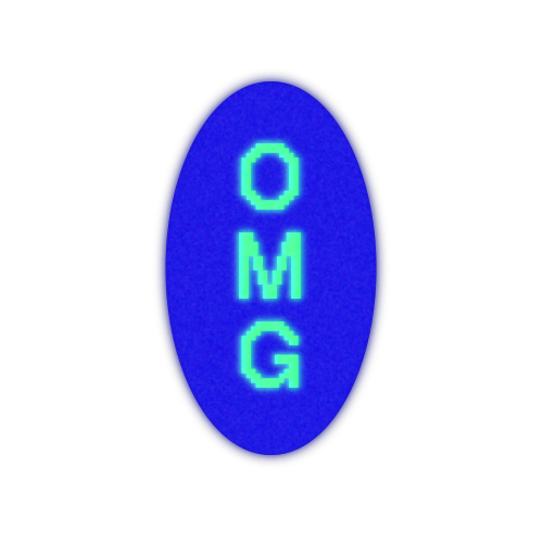 Blue oval badge with green 'OMG' text, stacked vertically.