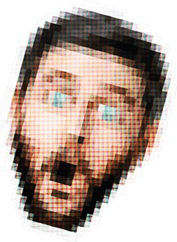 Pixelated, surprised bearded man's face with RGB artifacting.