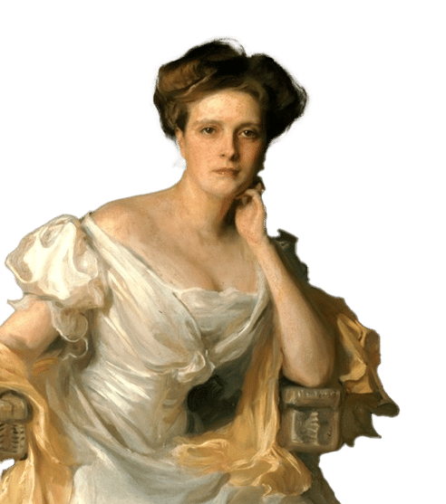 Painting of a woman in a white dress and yellow shawl, resting her chin on her hand.