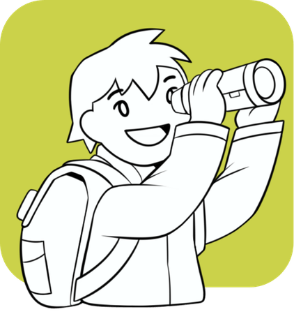 Cartoon boy with a backpack looking through a telescope or binoculars, smiling.