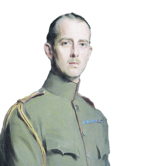 Painting of a man in an olive military uniform with epaulets and a light blue ribbon.