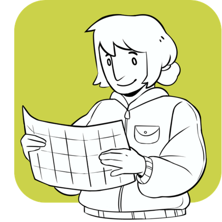 A person with short hair and a jacket, smiling while holding and studying a grid-like map.
