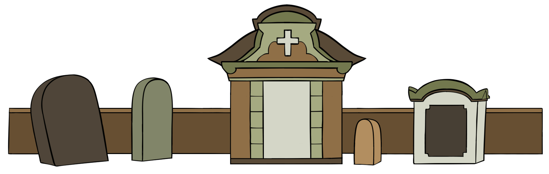 An illustration of a cemetery with various tombstones and a central mausoleum with a cross.