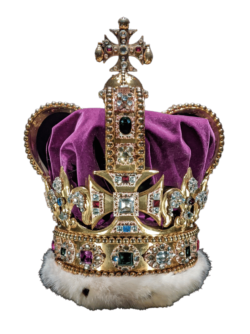 Ornate gold crown with purple velvet, sparkling jewels, and white fur.