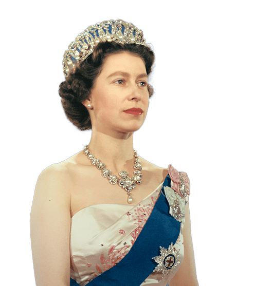 Young Queen Elizabeth II in a tiara, diamond necklace, and ceremonial gown.