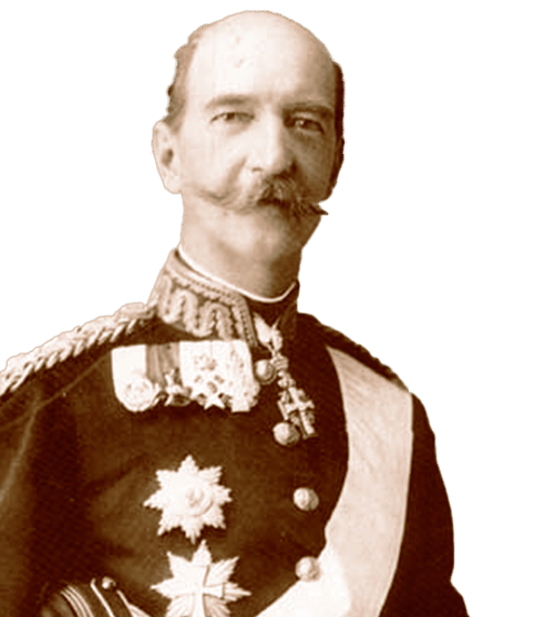 Sepia portrait of a bald man with a mustache in an ornate military uniform adorned with medals.