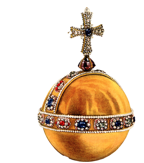 Golden orb adorned with colorful jewels and topped by a diamond-encrusted cross.