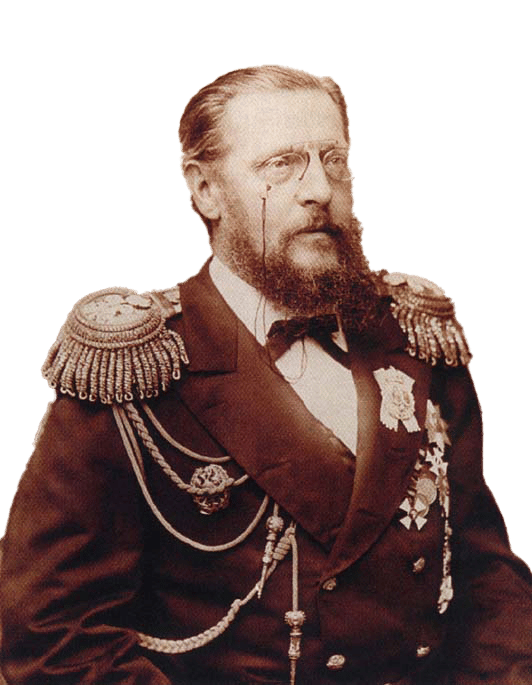 A distinguished man with a beard and monocle in a decorated military uniform.