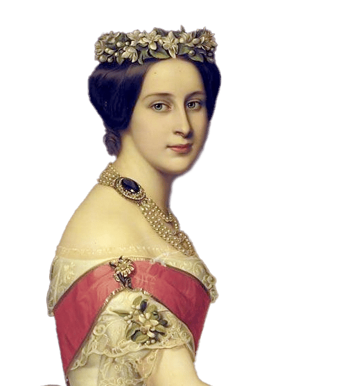 Portrait of a woman wearing a floral tiara, pearl necklace, lace dress, and red sash.