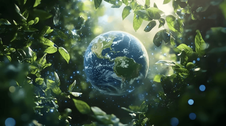 Earth surrounded by vibrant green leaves and sparkling lights, symbolizing nature, ecology, and life.