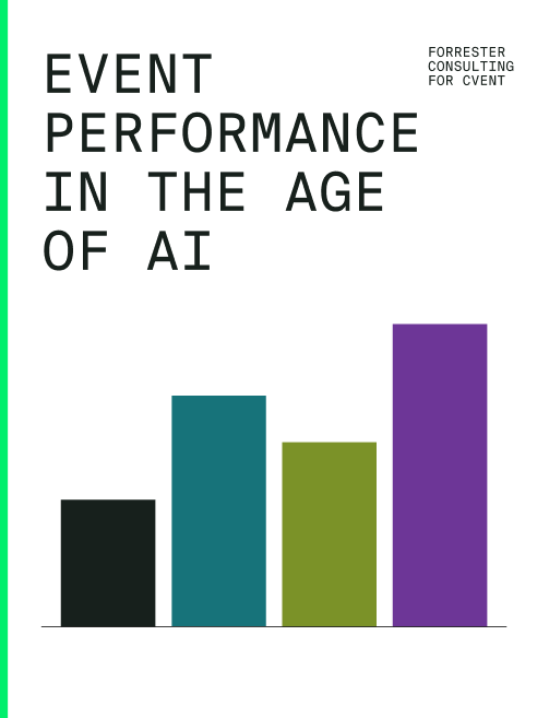 Text "EVENT PERFORMANCE IN THE AGE OF AI" above a bar chart, with "FORRESTER CONSULTING" logo.
