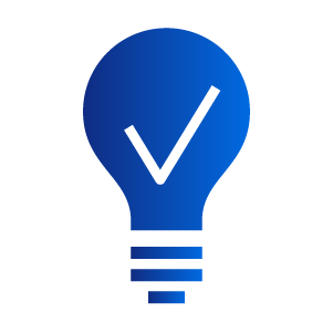 Blue light bulb icon with a white checkmark inside, symbolizing a confirmed idea, solution, or success.