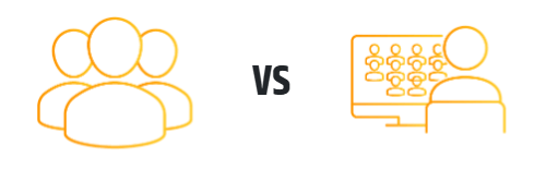 An icon comparing a small group of people to a single person viewing many people on a screen, representing physical versus virtual meetings.