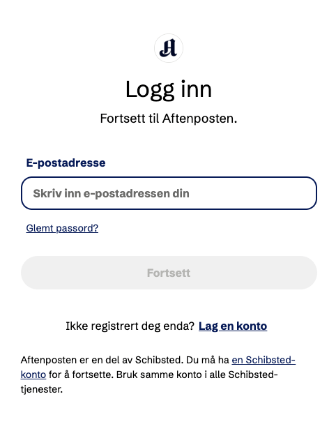 Login page for Aftenposten, with fields for email, password recovery, and options to continue or create account.