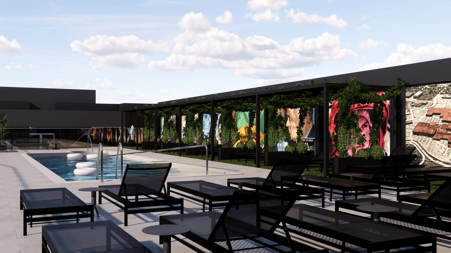 Outdoor furniture, Swimming pool, Sky, Cloud, Shade, Leisure, Chair