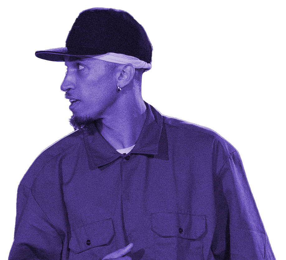 Dress shirt, Clothing, Chin, Purple, Cap, Neck, Hat, Sleeve, Gesture, Collar
