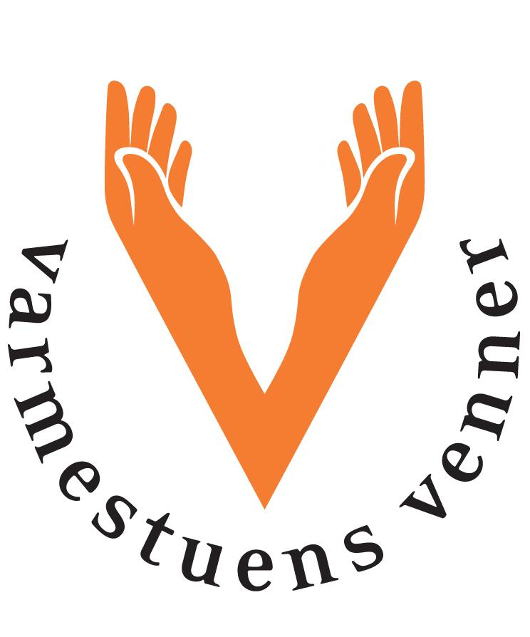 Logo featuring two orange hands forming a 'V' shape, with the text 'varmestuens venner' curved below on a green background.