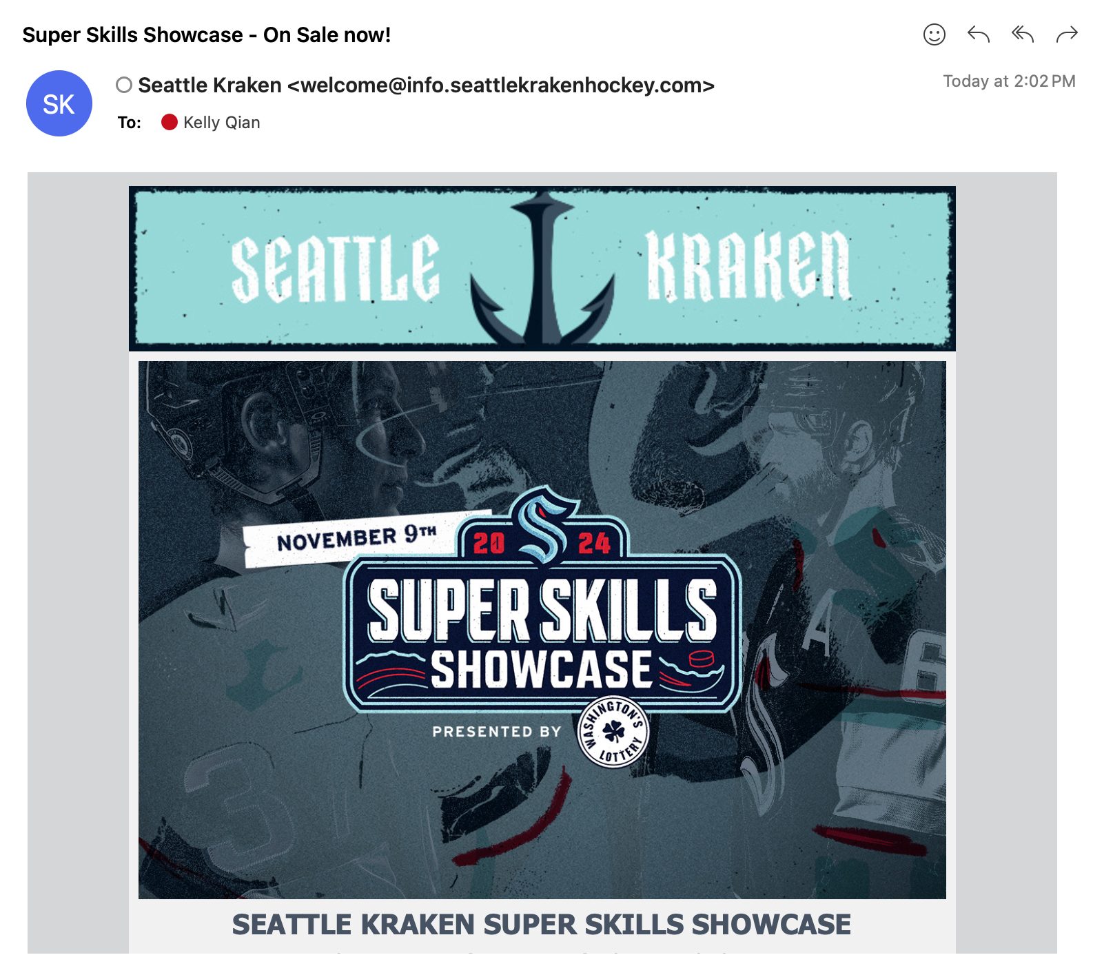Promotional email for Seattle Kraken Super Skills Showcase on Nov 9, 2024. On sale now!