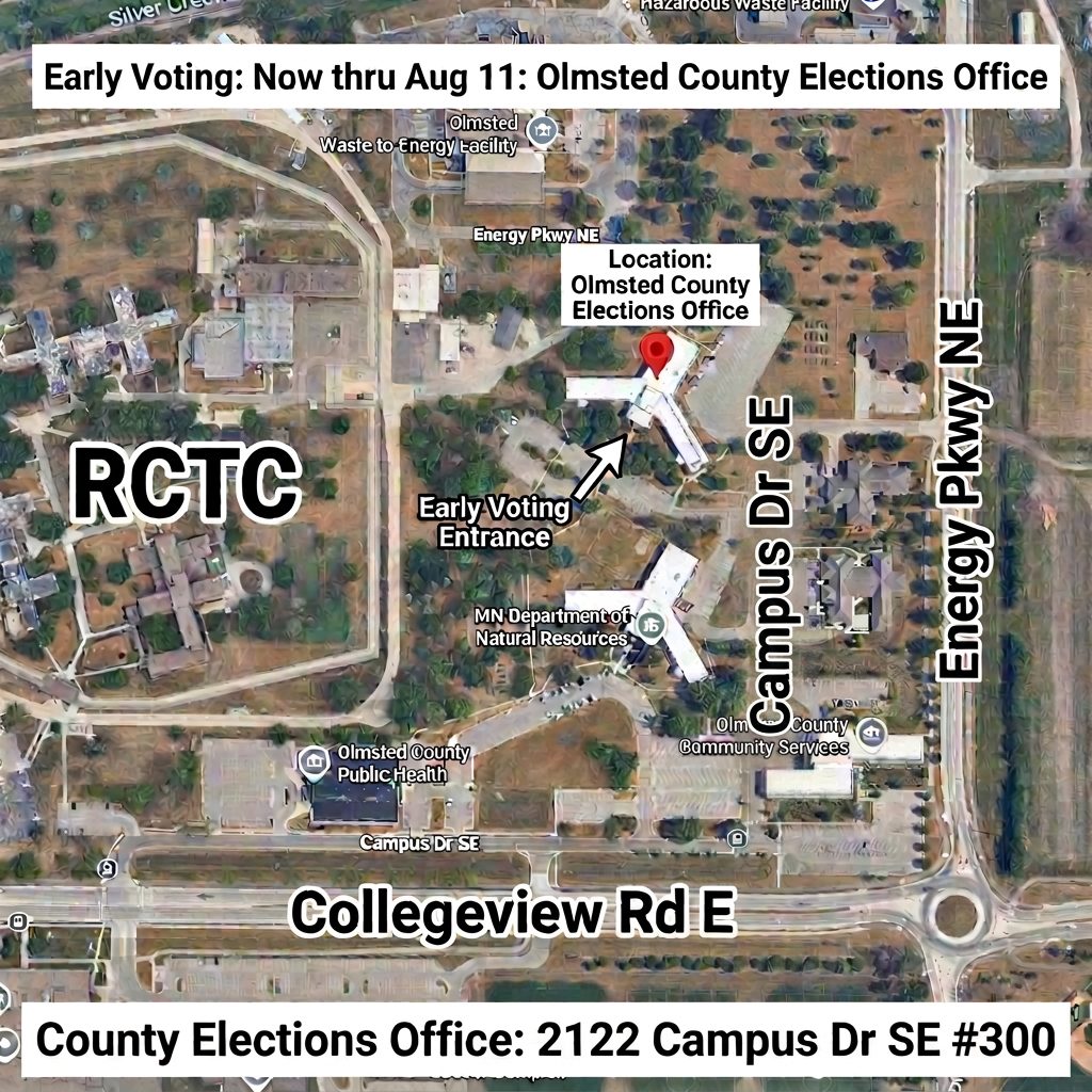 Map showing Olmsted County Elections Office for early voting until Aug 11, with location and entrance.