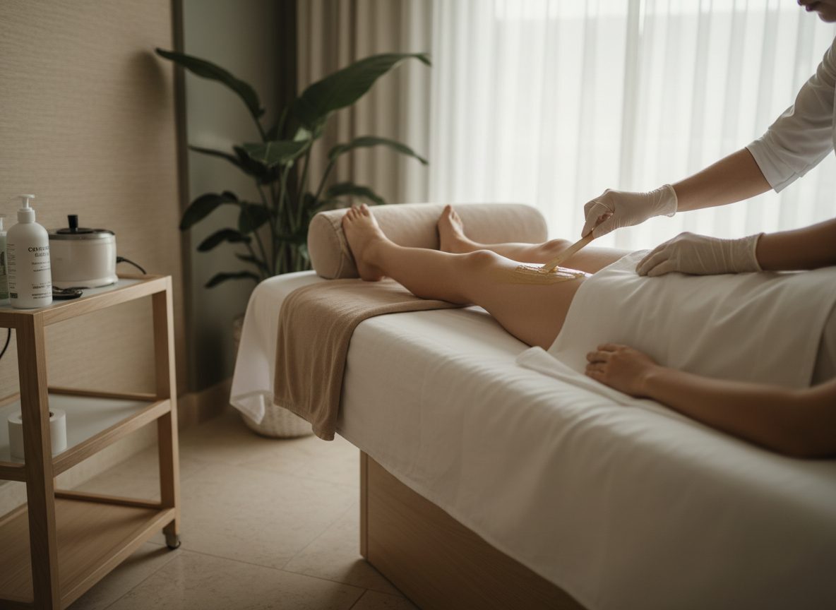 A person receiving a leg waxing treatment on a spa bed, with a therapist applying wax using a wooden spatula.
