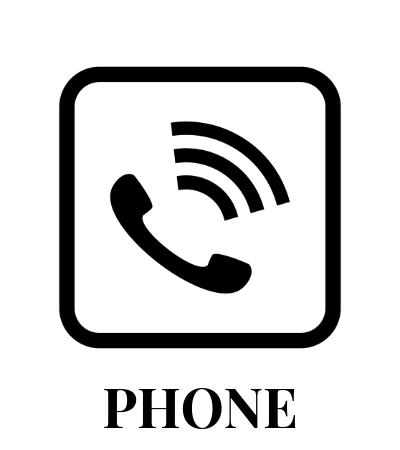 A black and white phone call icon inside a square with the word PHONE below.