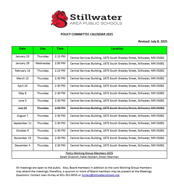 Stillwater Area Public Schools 2025 Policy Committee meeting calendar with dates, times, and locations.