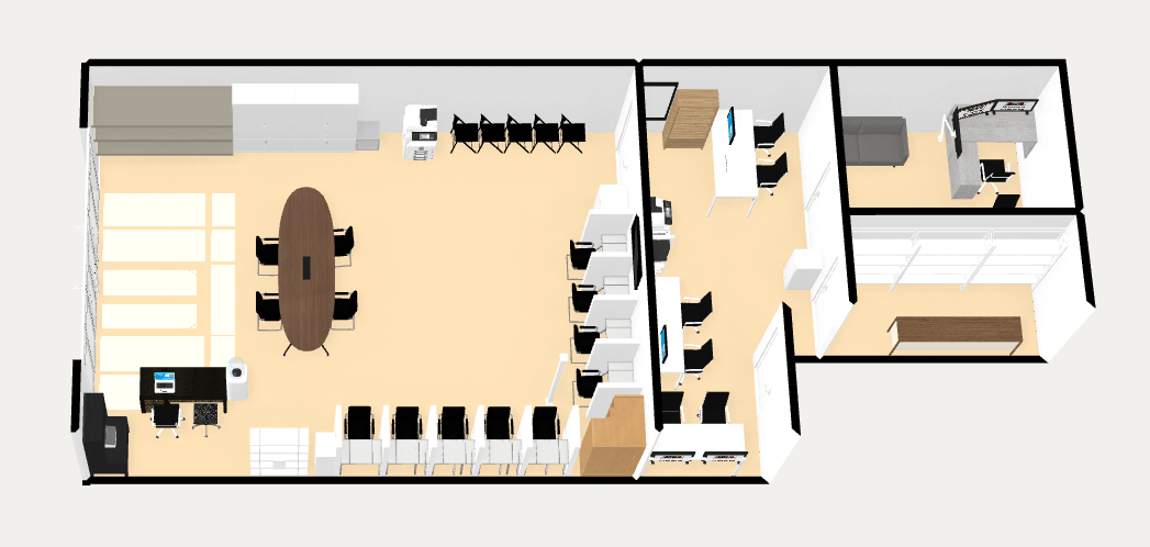 3D top-down office floor plan with open workstations, meeting table, and private rooms.