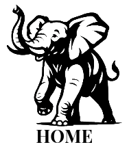 Black elephant silhouette with trunk raised, above the word HOME.
