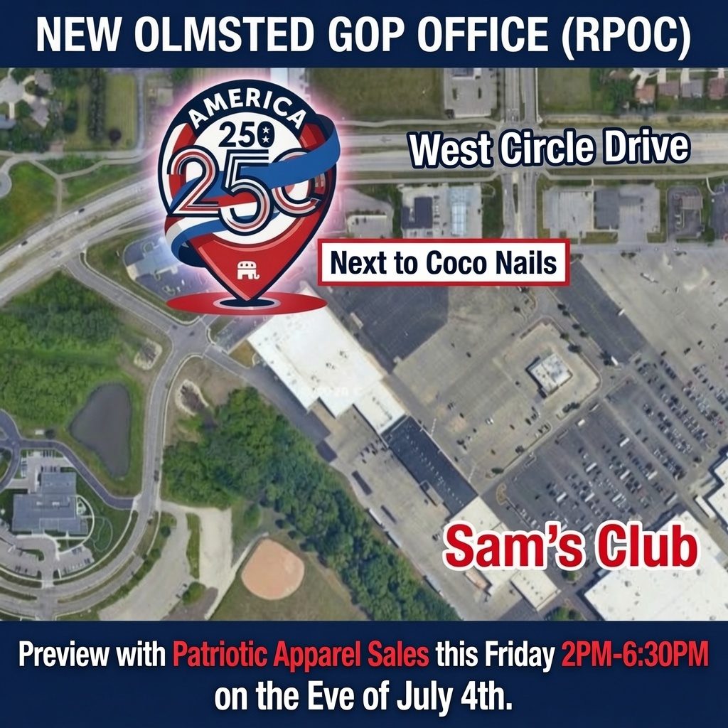 Aerial map for New Olmsted GOP Office opening, showing location near Sam's Club, Coco Nails, and West Circle Drive, with details for a patriotic apparel sale.