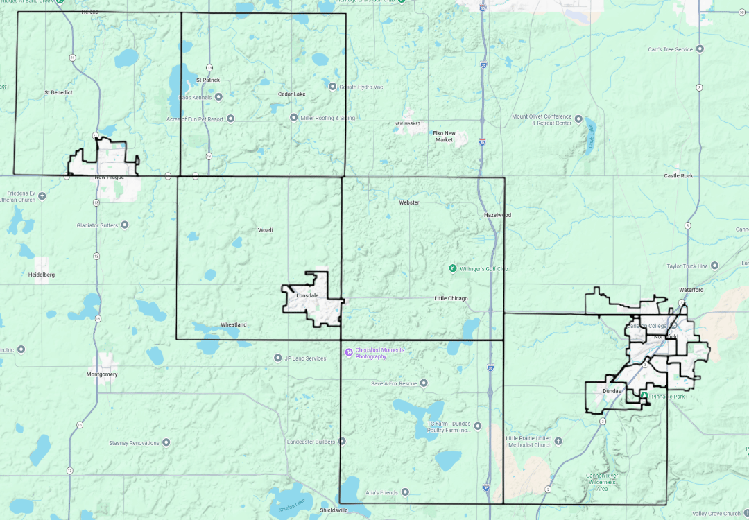 Map showing parts of Minnesota with towns like New Prague, Lonsdale, Dundas, and Northfield highlighted.