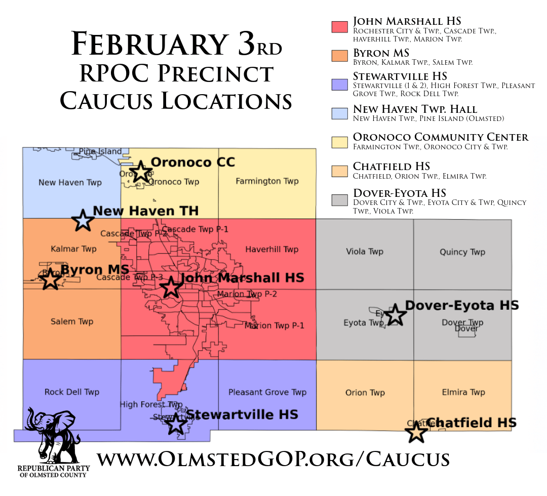 Map showing Republican caucus locations for Olmsted County on February 3rd, with township details.