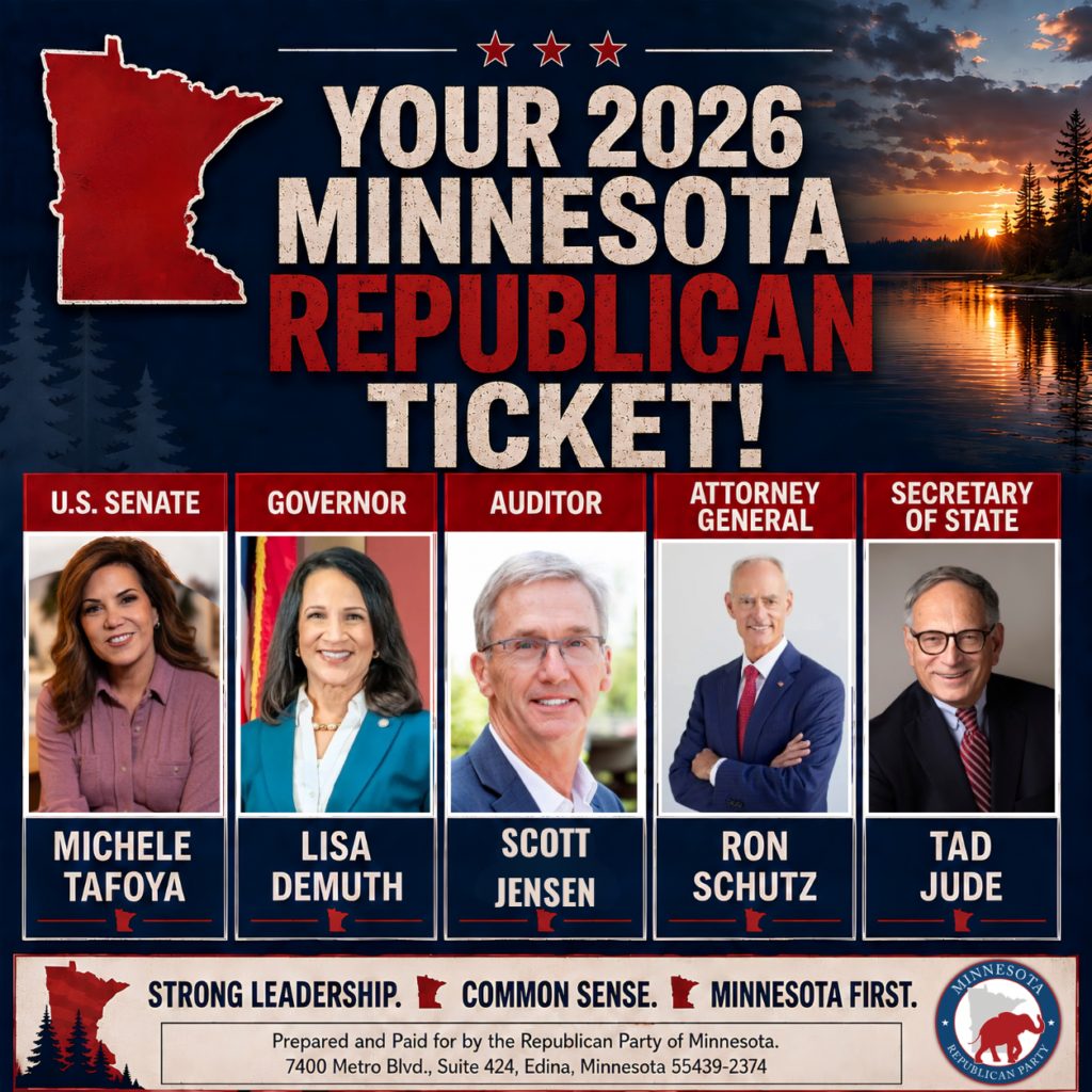 An advertisement for the 2026 Minnesota Republican Ticket featuring five candidates for various state offices.