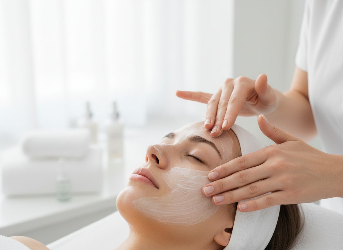 Woman receiving a facial treatment with a white mask applied to her face, hands massaging.