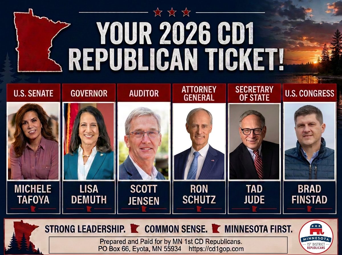 2026 Minnesota 1st CD Republican ticket flyer with six candidates for state and federal offices.