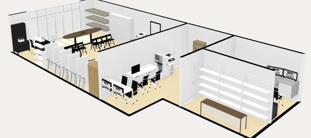Isometric view of a modern office layout with open-plan desks, meeting area, and storage shelves.