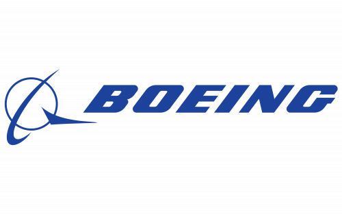 Blue Boeing logo with a circular emblem and "BOEING" text on a dark background.