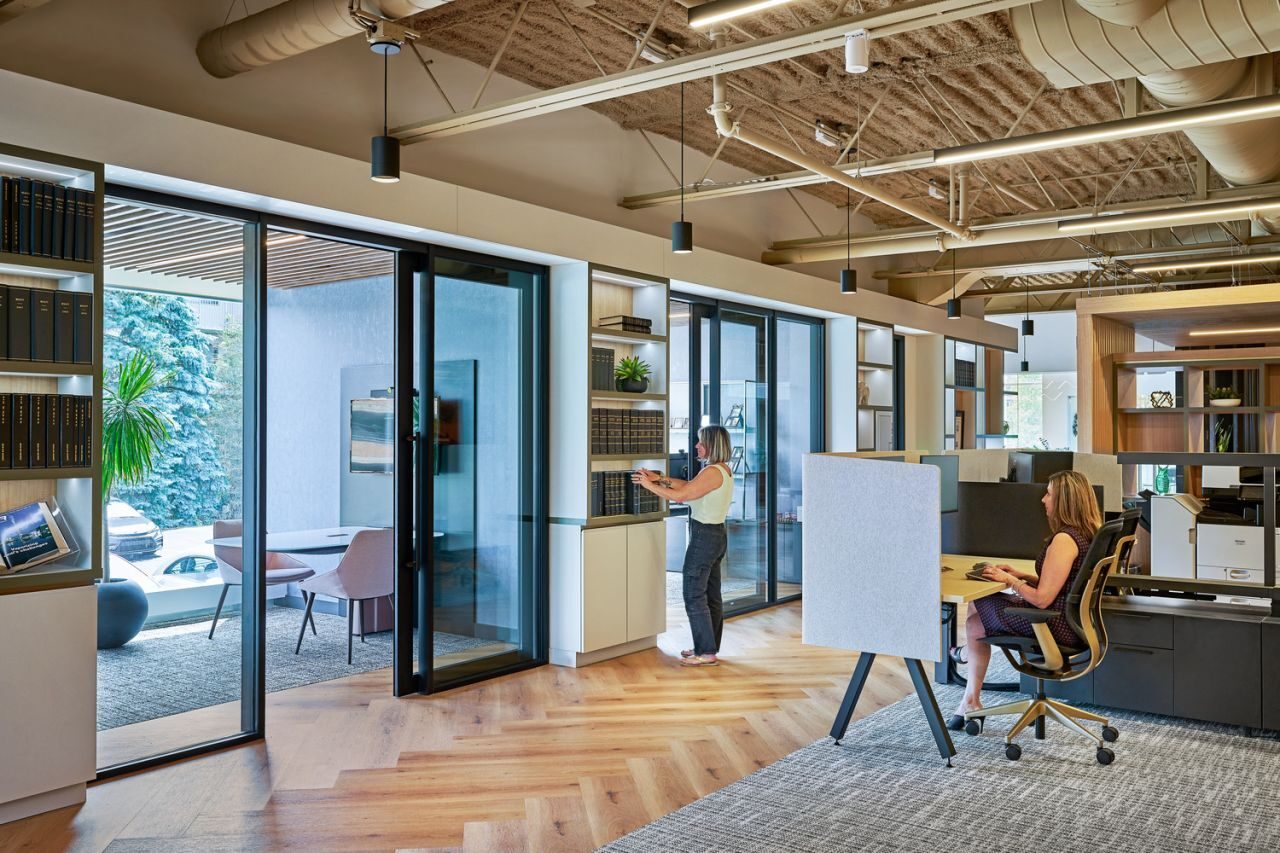 Interior design, Living room, Furniture, Building, Wood, Door, Flooring, Floor, Couch, Shelf