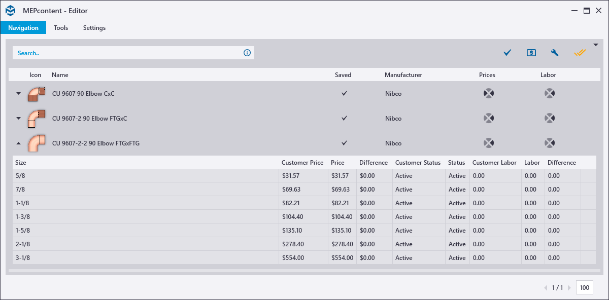 NIBCO elbows with associated sizes, pricing, status and labor values in the Trimble MEP content add-in.